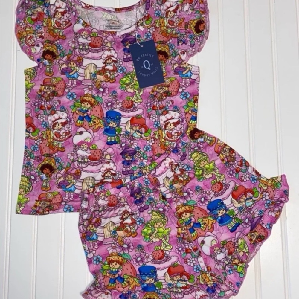 Strawberry Shortcake-PiNK-Bamboo flutter sleeve top & matching ruffle shorts-4T